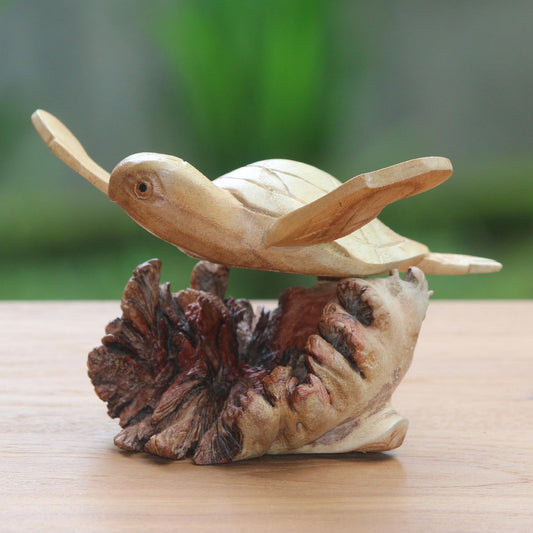 Turtle Current Hand-Carved Ocean Turtle Jempinis Wood Tree Sculpture