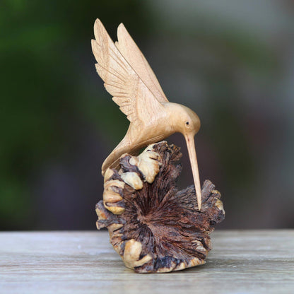 Hummingbird Joy Hand-Carved Jempinis Wood Flying Hummingbird Sculpture