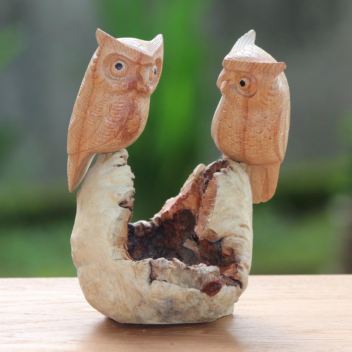 Owl Lovers Hand-Carved Jempinis Wood Owl Couple Tree Sculpture