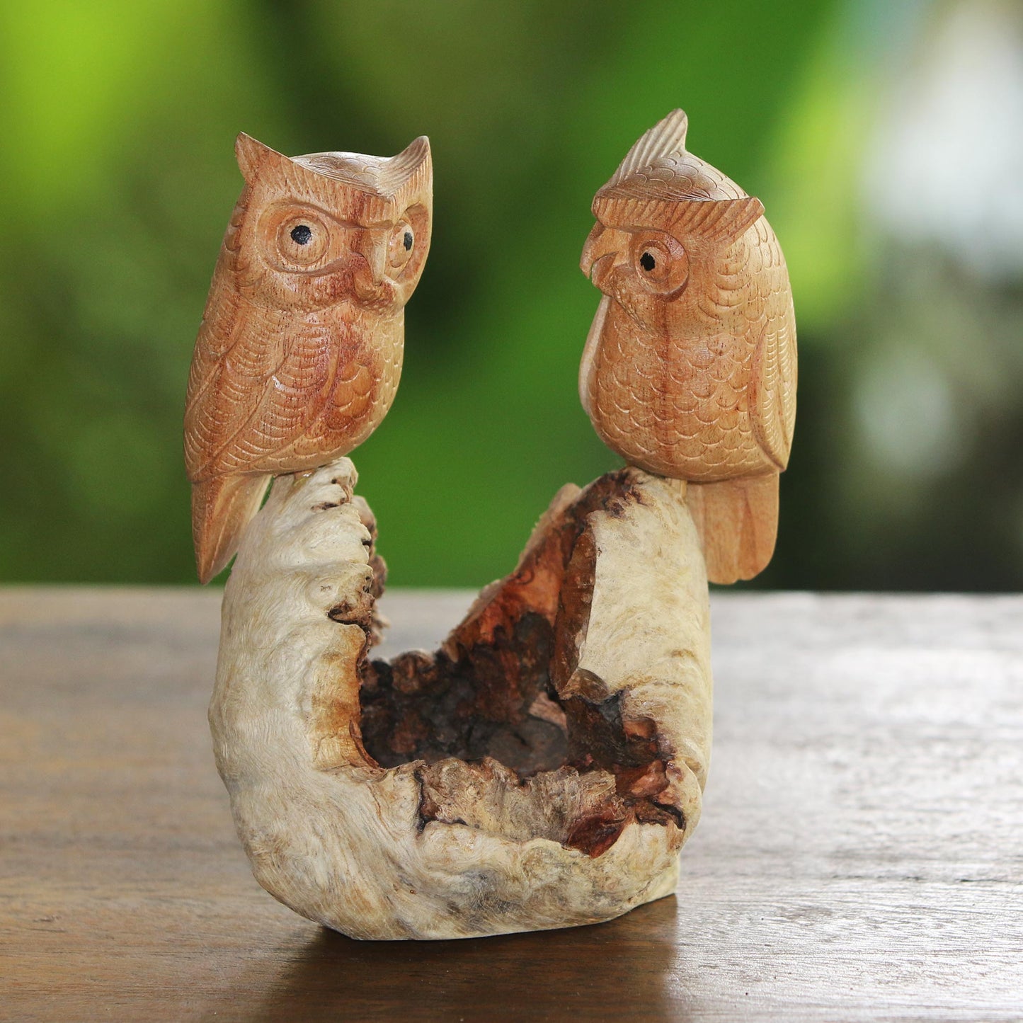 Owl Lovers Hand-Carved Jempinis Wood Owl Couple Tree Sculpture