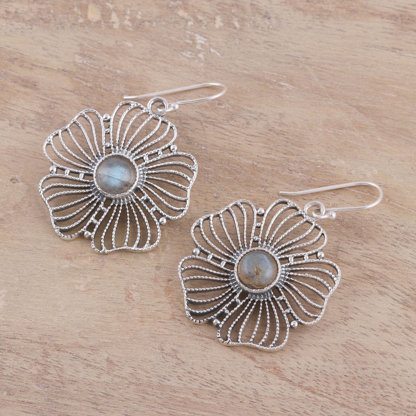 Celestial Flowers Sterling Silver Labradorite Celestial Floral Dangle Earrings