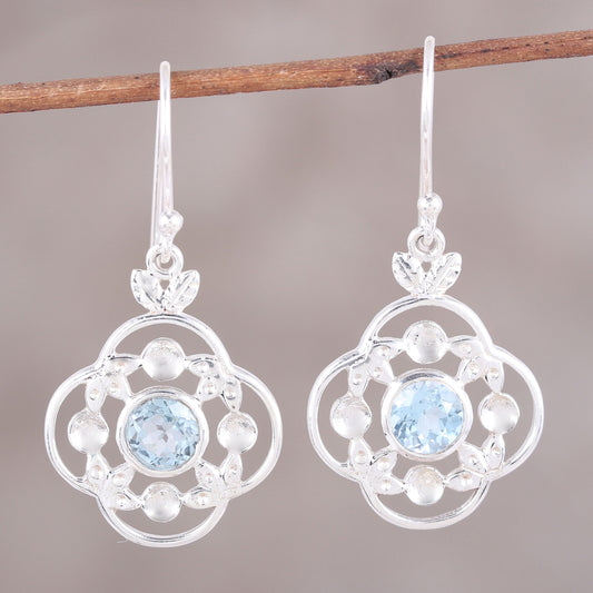 Flower Circle Blue Topaz Sterling Silver Rounded Flower Dangle Earrings