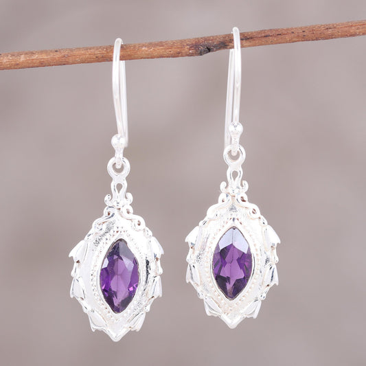 Royal Leaves Amethyst and Sterling Silver Leaf Motif Dangle Earrings