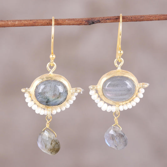 Everlasting Allure 22k Gold Plated Cultured Pearl and Labradorite Earrings