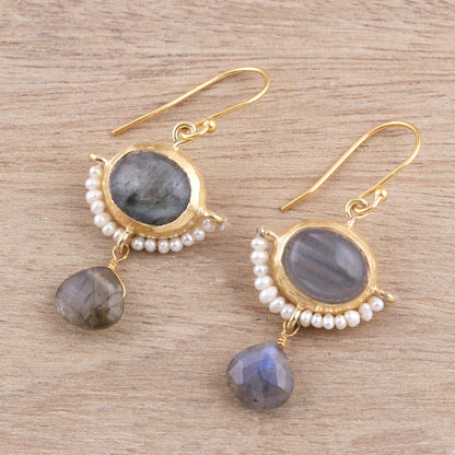 Everlasting Allure 22k Gold Plated Cultured Pearl and Labradorite Earrings
