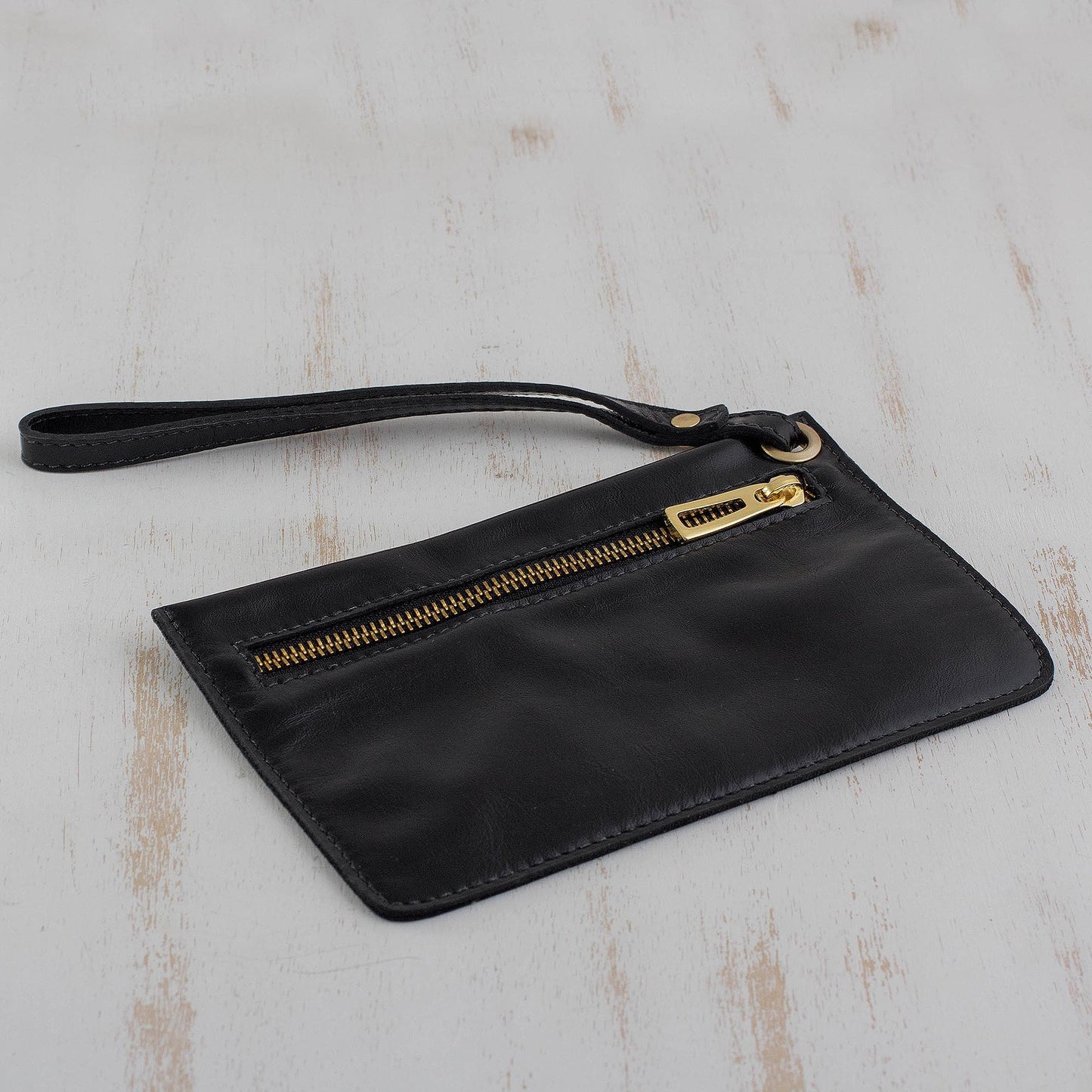 Dark Sophistication Handcrafted Black Leather Wristlet from Brazil