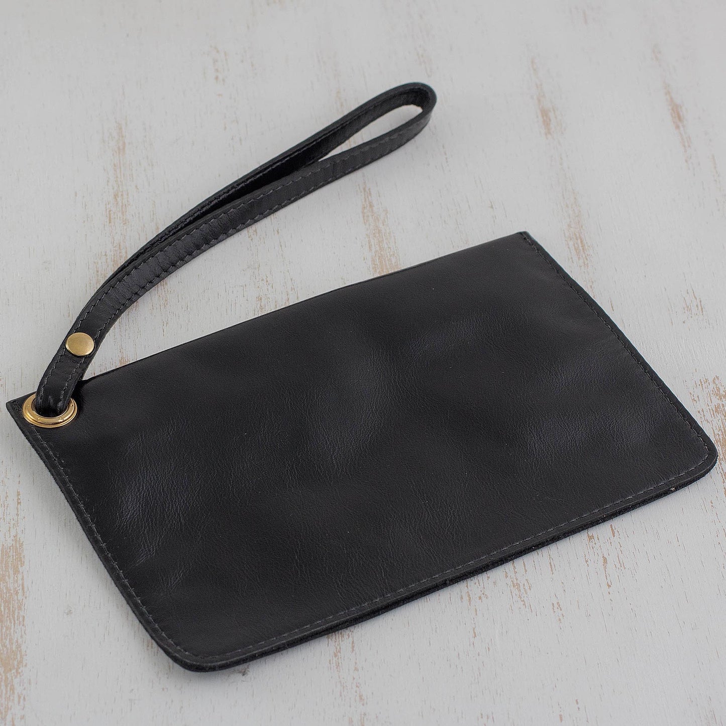 Dark Sophistication Handcrafted Black Leather Wristlet from Brazil