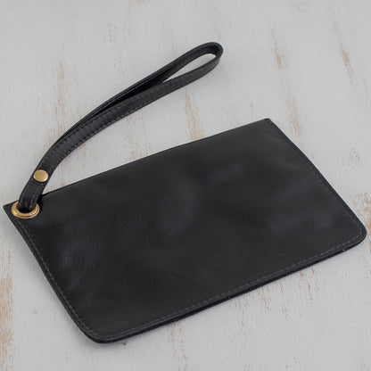 Dark Sophistication Handcrafted Black Leather Wristlet from Brazil
