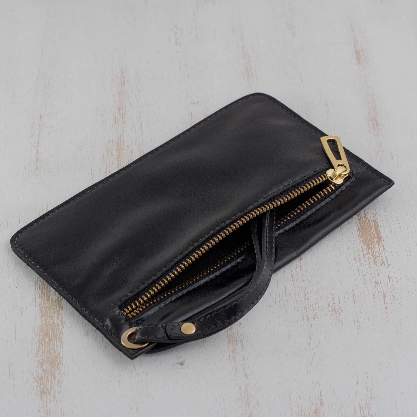 Dark Sophistication Handcrafted Black Leather Wristlet from Brazil