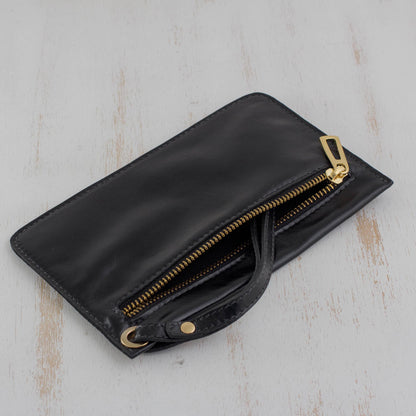 Dark Sophistication Handcrafted Black Leather Wristlet from Brazil