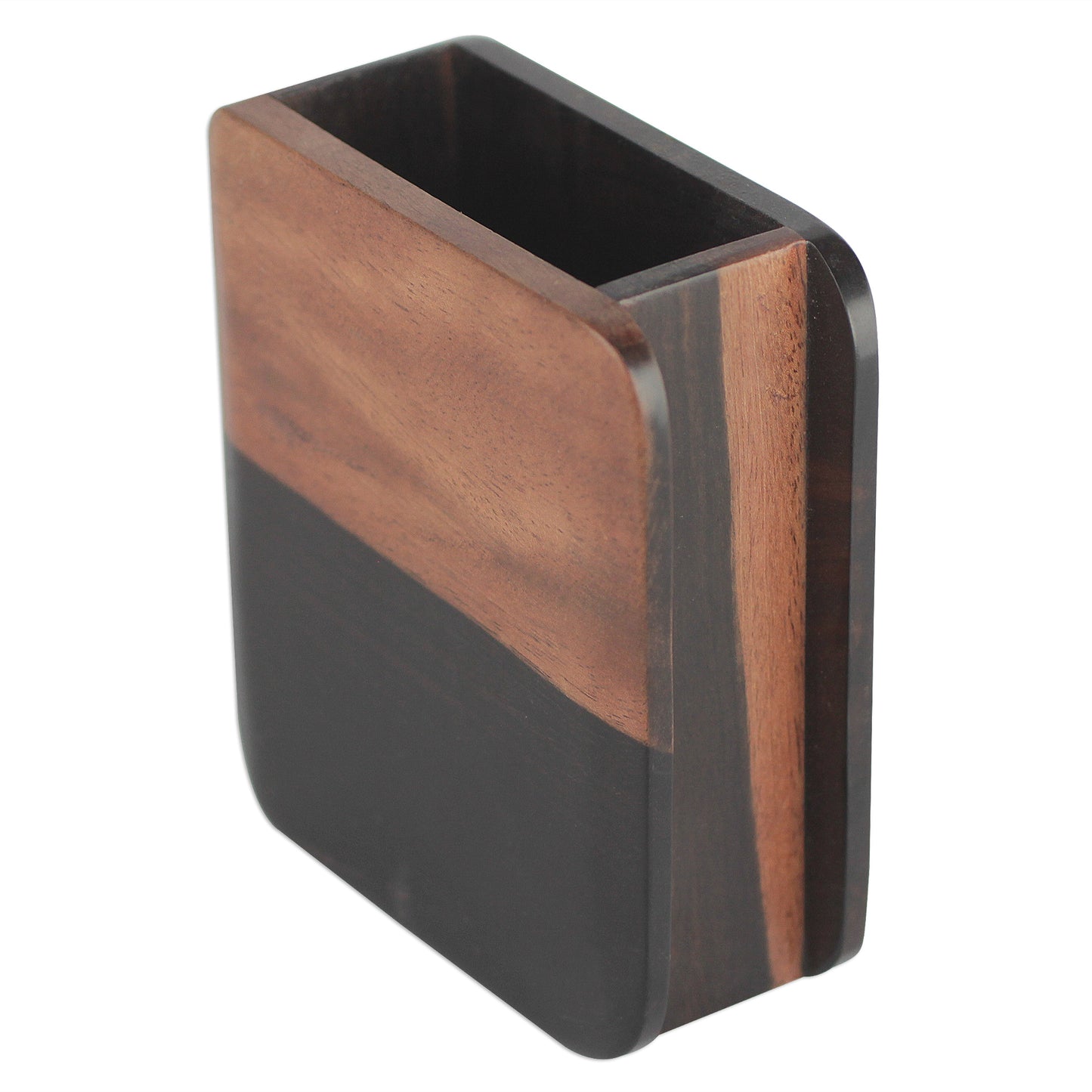 Modern Nature Hand Carved Ebony Wood Rounded Rectangle Pencil Holder