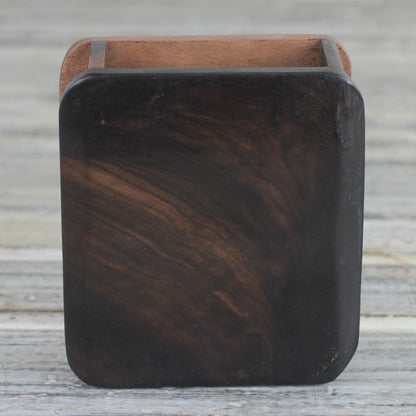 Modern Nature Hand Carved Ebony Wood Rounded Rectangle Pencil Holder