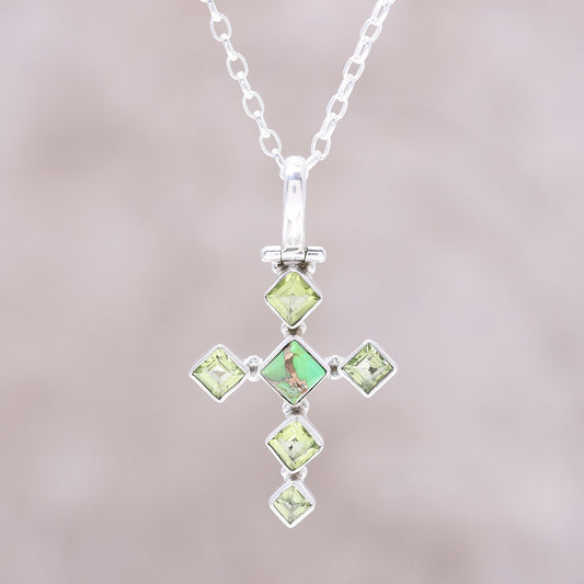 Verdant Cross Peridot and Composite Turquoise Cross Pendant Necklace