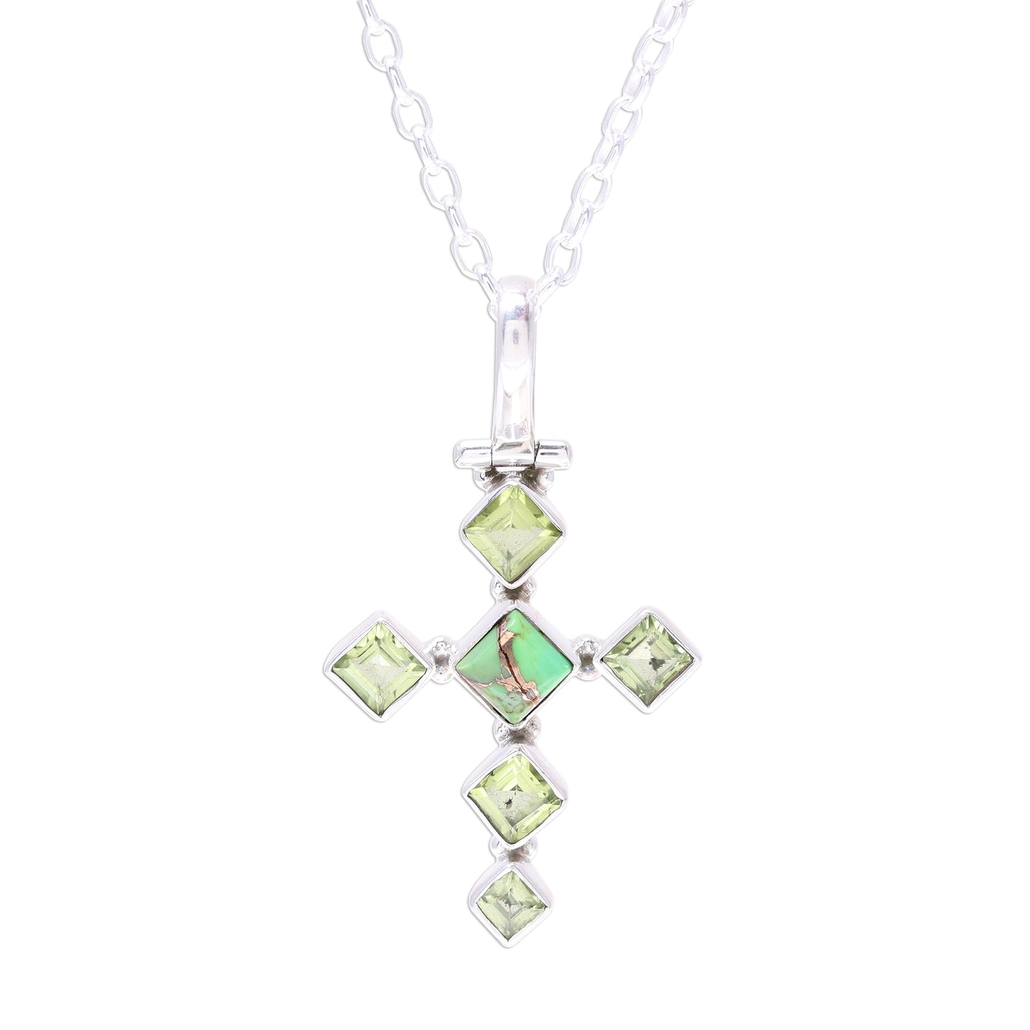 Verdant Cross Peridot and Composite Turquoise Cross Pendant Necklace