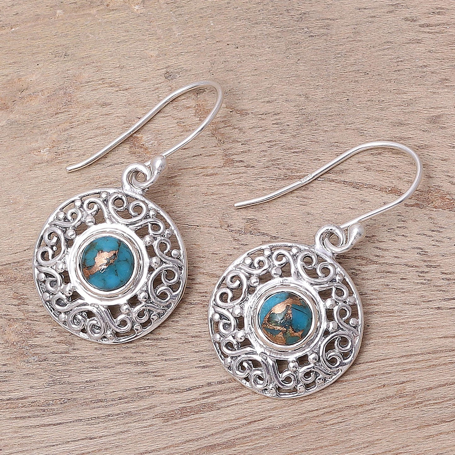 Elegant Sea Composite Turquoise Sterling Silver Round Dangle Earrings