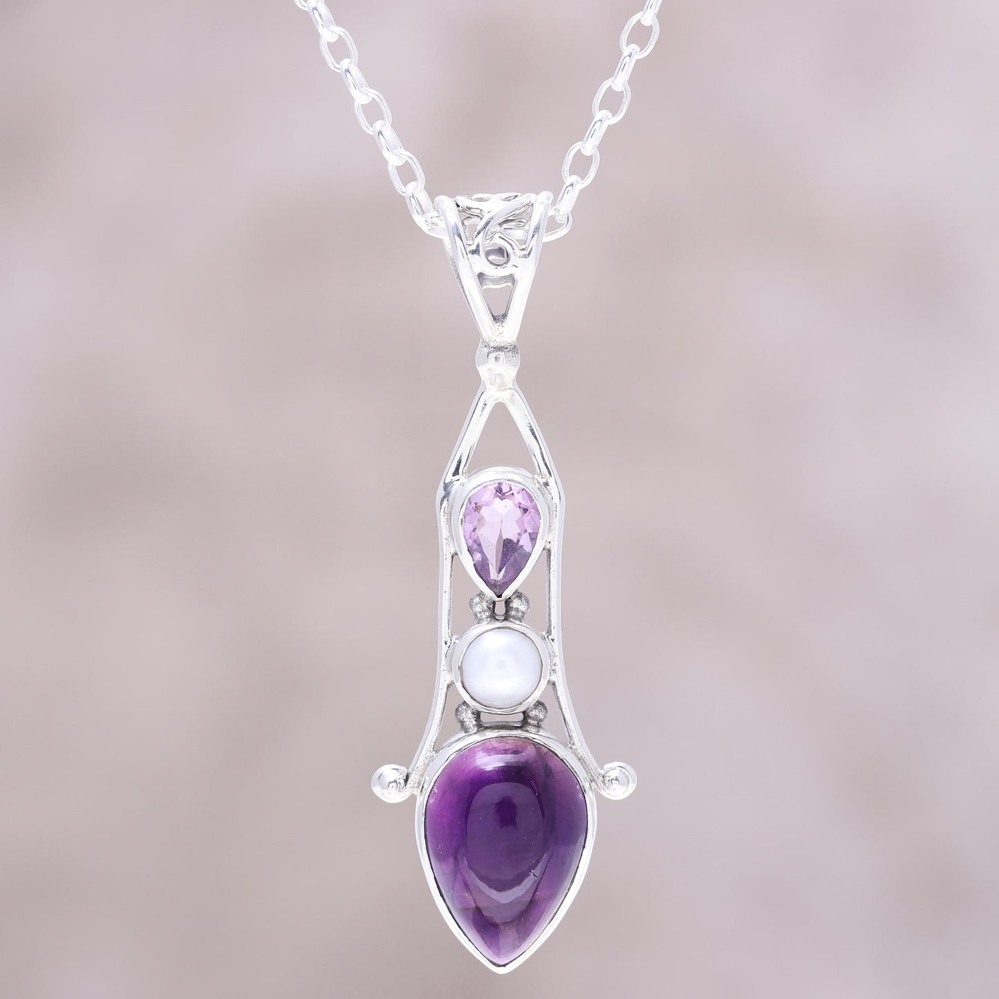 Violet Reign Amethyst and Cultured Pearl Sterling Silver Pendant Necklace