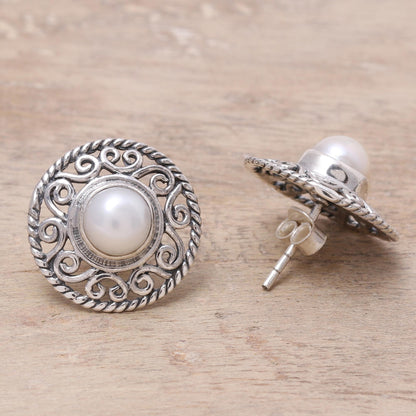 Crowned Moonlight Cultured Pearl Sterling Silver Scrollwork Button Earrings