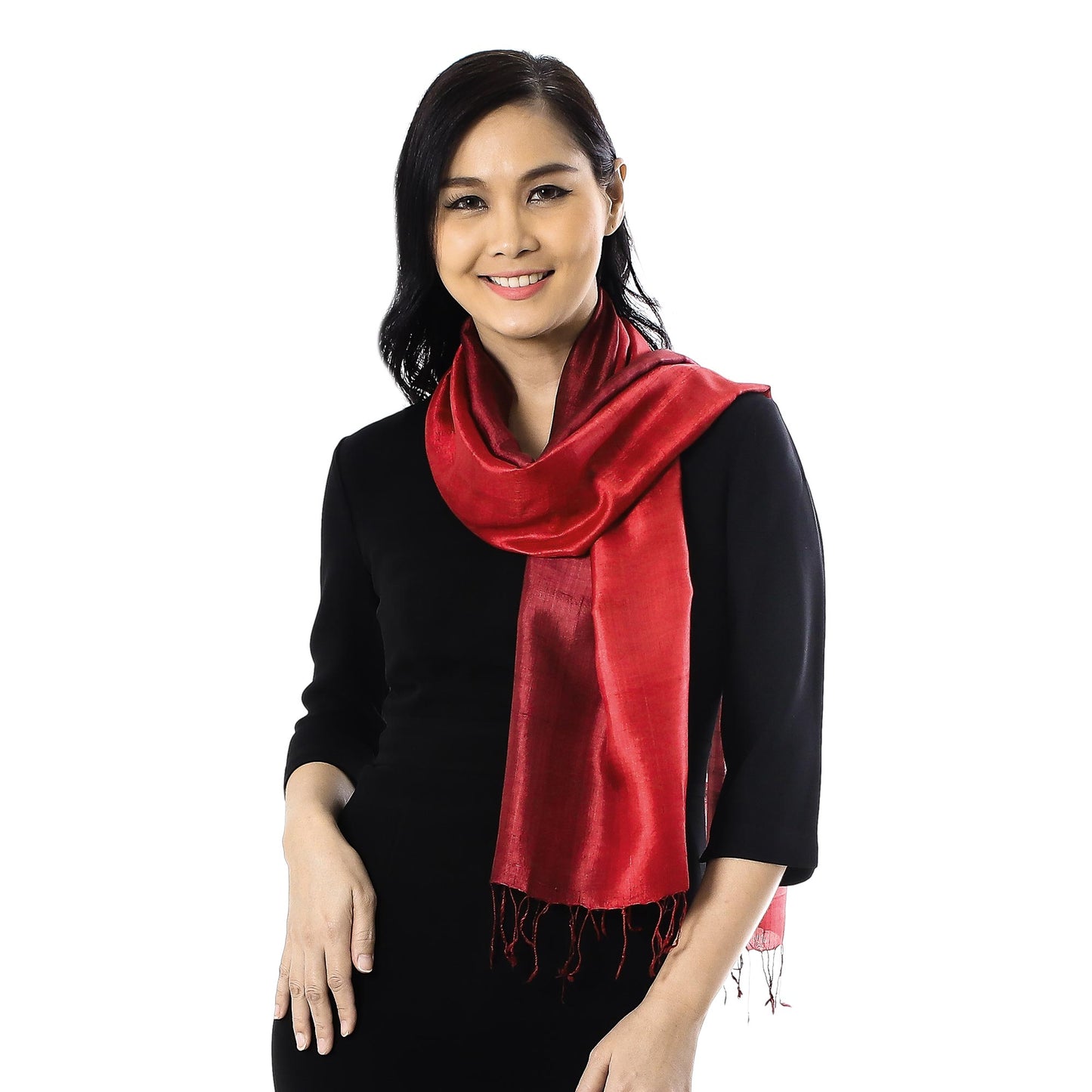 Ruby Love Ruby Red Tie-Dyed Handwoven Silk Scarf with Fringe