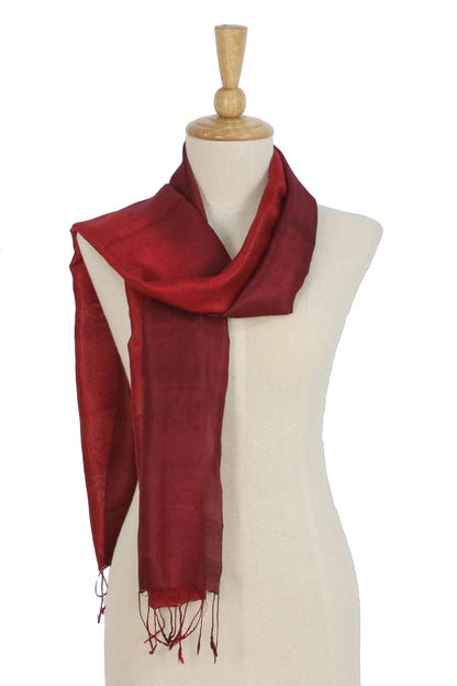 Ruby Love Ruby Red Tie-Dyed Handwoven Silk Scarf with Fringe