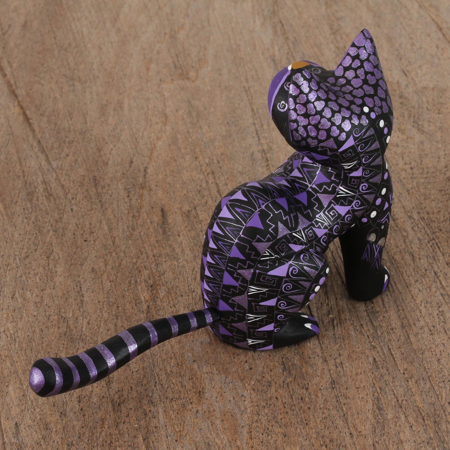 Sophisticated Cat Black Alebrije Cat Silver and Purple Hand Painted Motifs