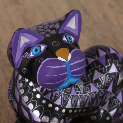 Sophisticated Cat Black Alebrije Cat Silver and Purple Hand Painted Motifs