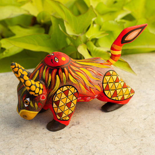 Sun Force Orange Alebrije Bull with Multicolor Hand Painted Motifs