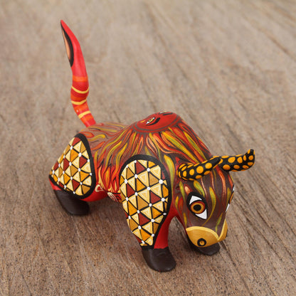 Sun Force Orange Alebrije Bull with Multicolor Hand Painted Motifs