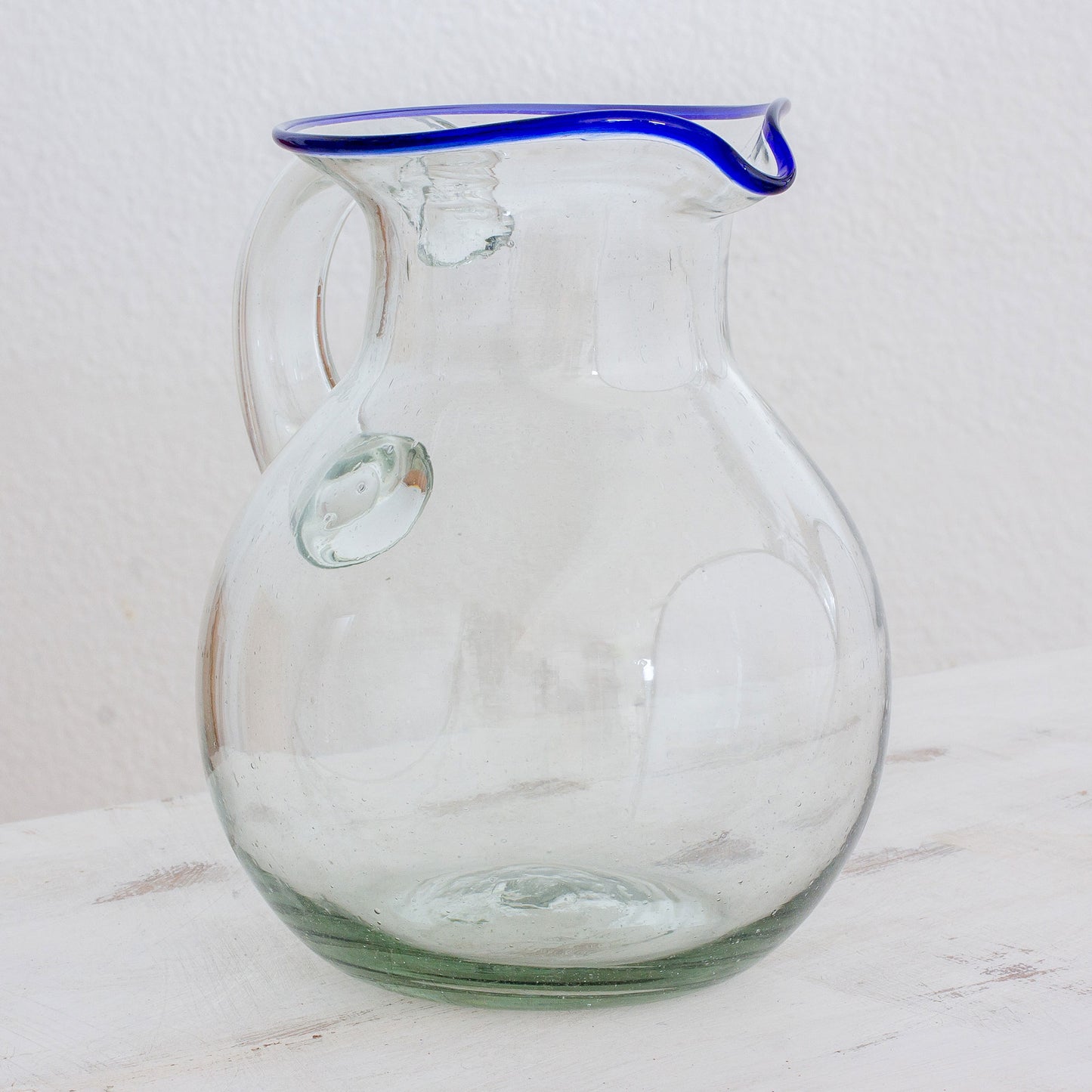 Clear Seas Clear Blue Rimmed Hand Blown Recycled Glass Pitcher