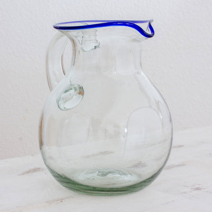 Clear Seas Clear Blue Rimmed Hand Blown Recycled Glass Pitcher