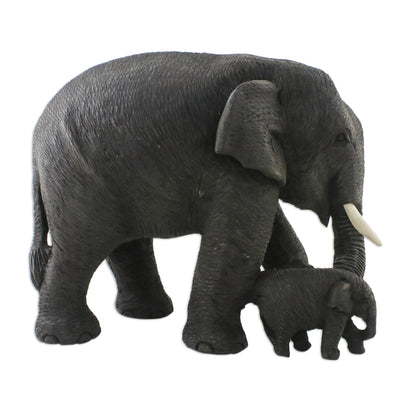 Elephant Mother Elephant Mother and Child Hand Carved Teak Figurine