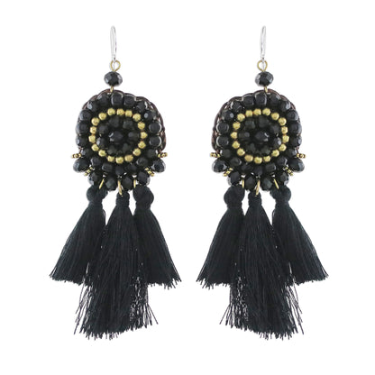 Joyful Swing in Black Onyx Black Glass and Brass Bead Tasseled Dangle Earrings