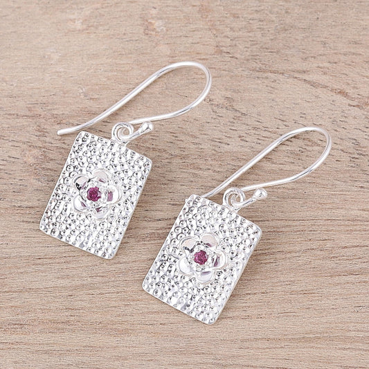 Floral Pictures Rectangular Floral Garnet Dangle Earrings from India