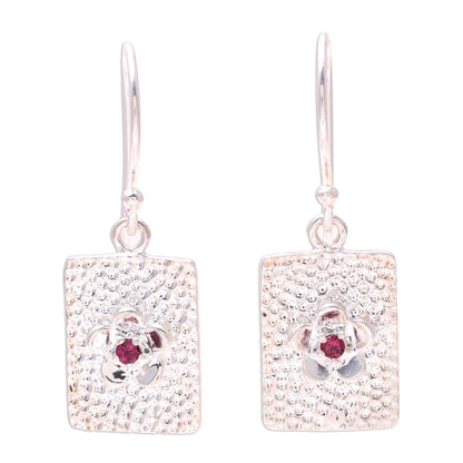 Floral Pictures Rectangular Floral Garnet Dangle Earrings from India