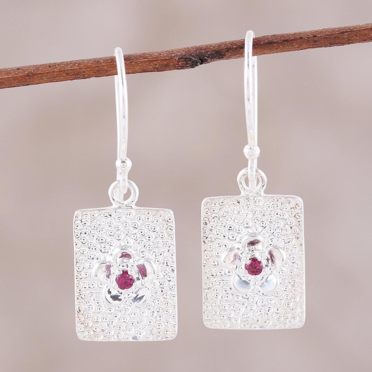 Floral Pictures Rectangular Floral Garnet Dangle Earrings from India