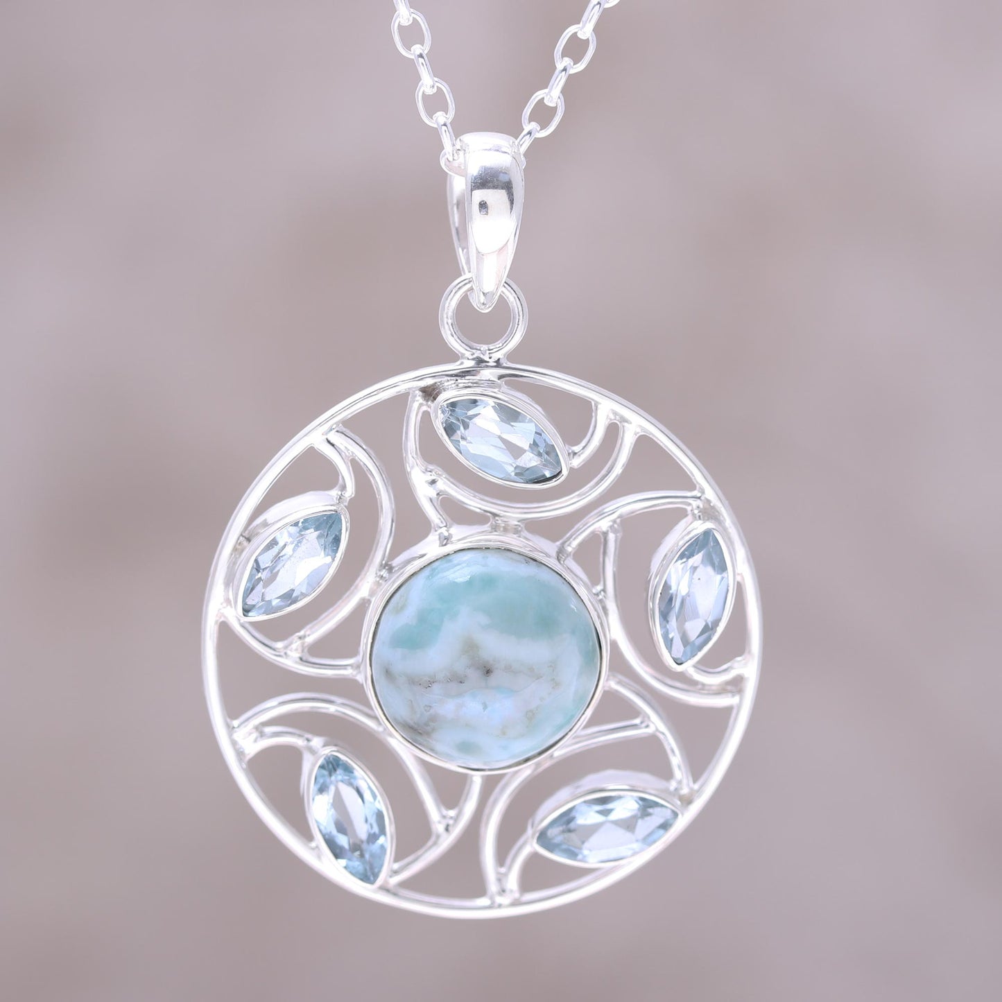 Blue Wheel Sterling Silver Larimar Blue Topaz Round Pendant Necklace