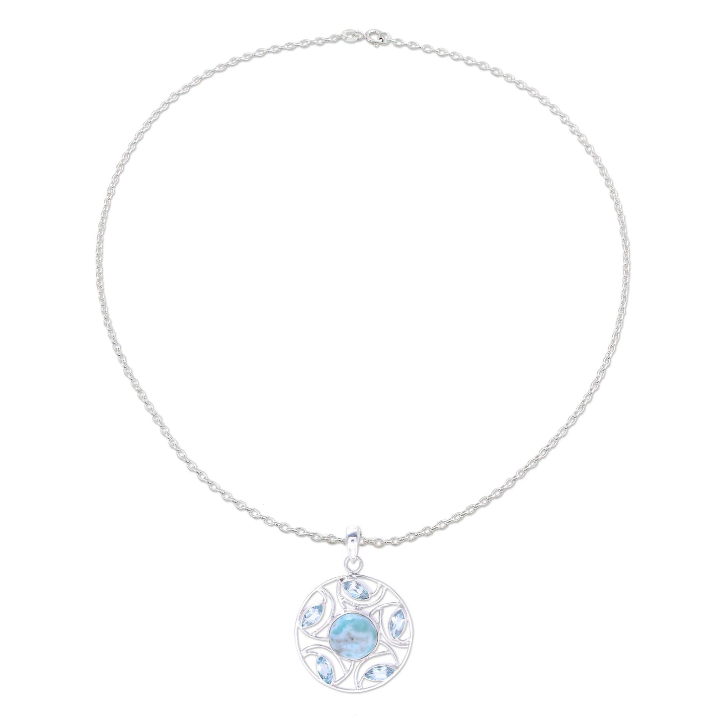 Blue Wheel Sterling Silver Larimar Blue Topaz Round Pendant Necklace