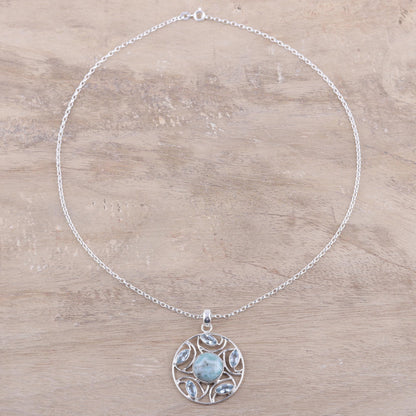 Blue Wheel Sterling Silver Larimar Blue Topaz Round Pendant Necklace