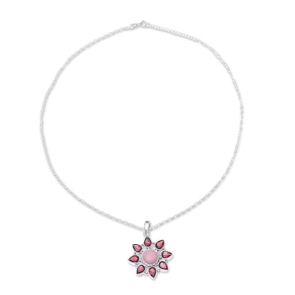 Glowing Flower Pink Opal and Garnet Sterling Silver Flower Necklace