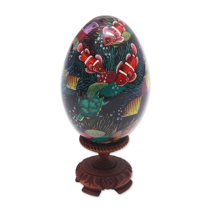 In the Reef Hand-Painted Colorful Fish on Black Wood Egg Statuette