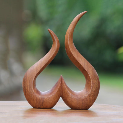 Growing Heart Hand-Carved Suar Wood Abstract Growing Heart Sculpture