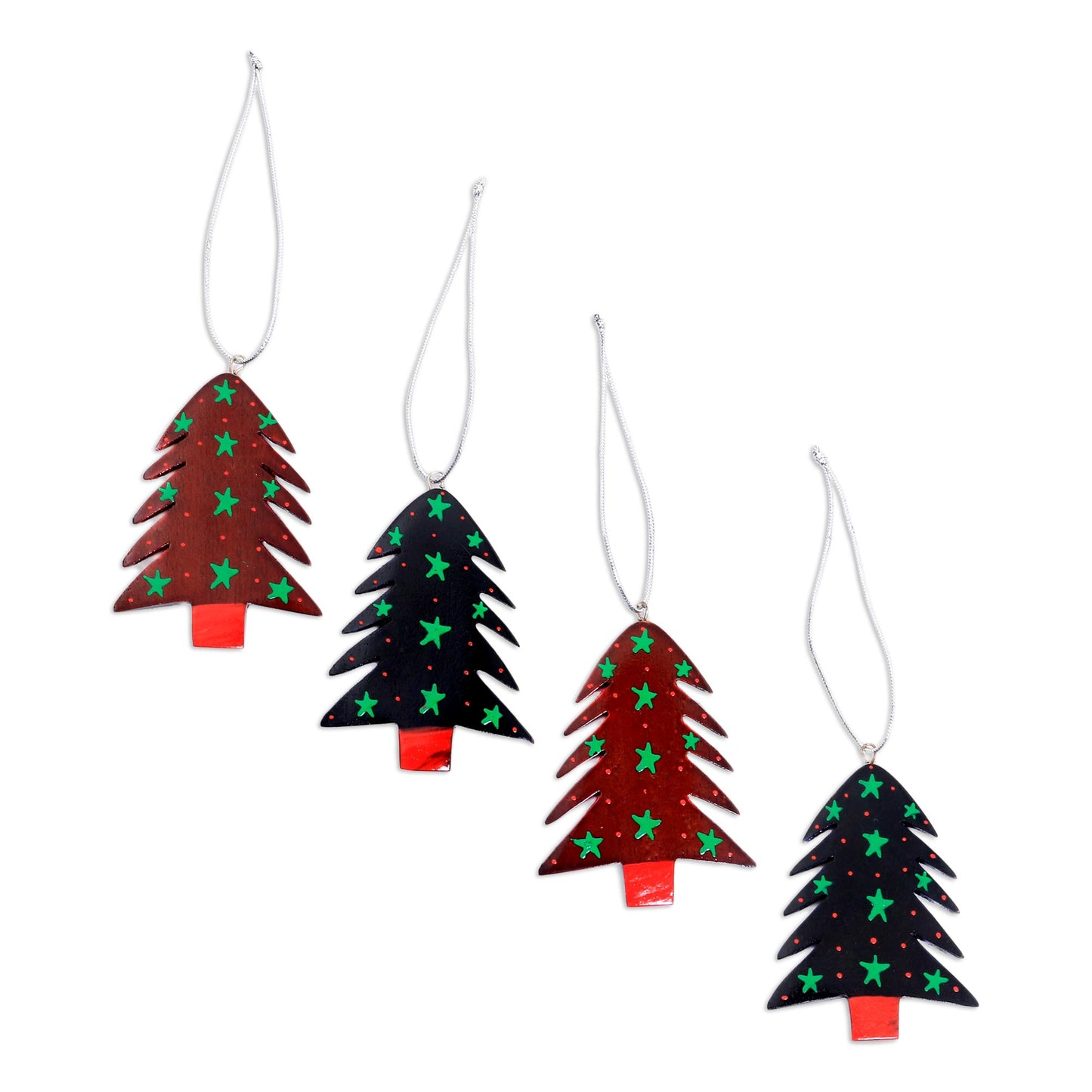 Starlit Tree Mahogany Wood Hand Painted Tree Ornaments (Set of 4)