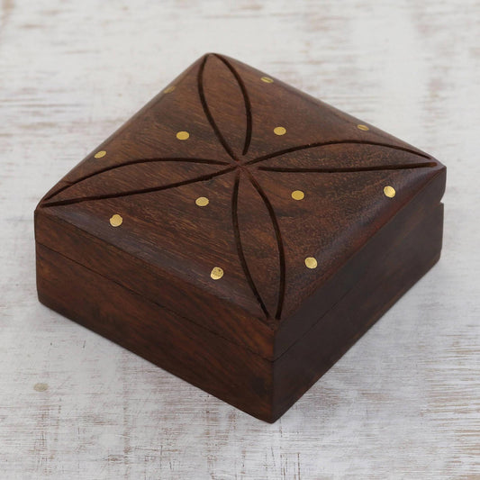 Refined Symmetry Mango Wood with Brass Dot Inlay Decorative Hinged-Lid Box