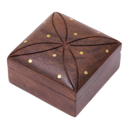 Refined Symmetry Mango Wood with Brass Dot Inlay Decorative Hinged-Lid Box