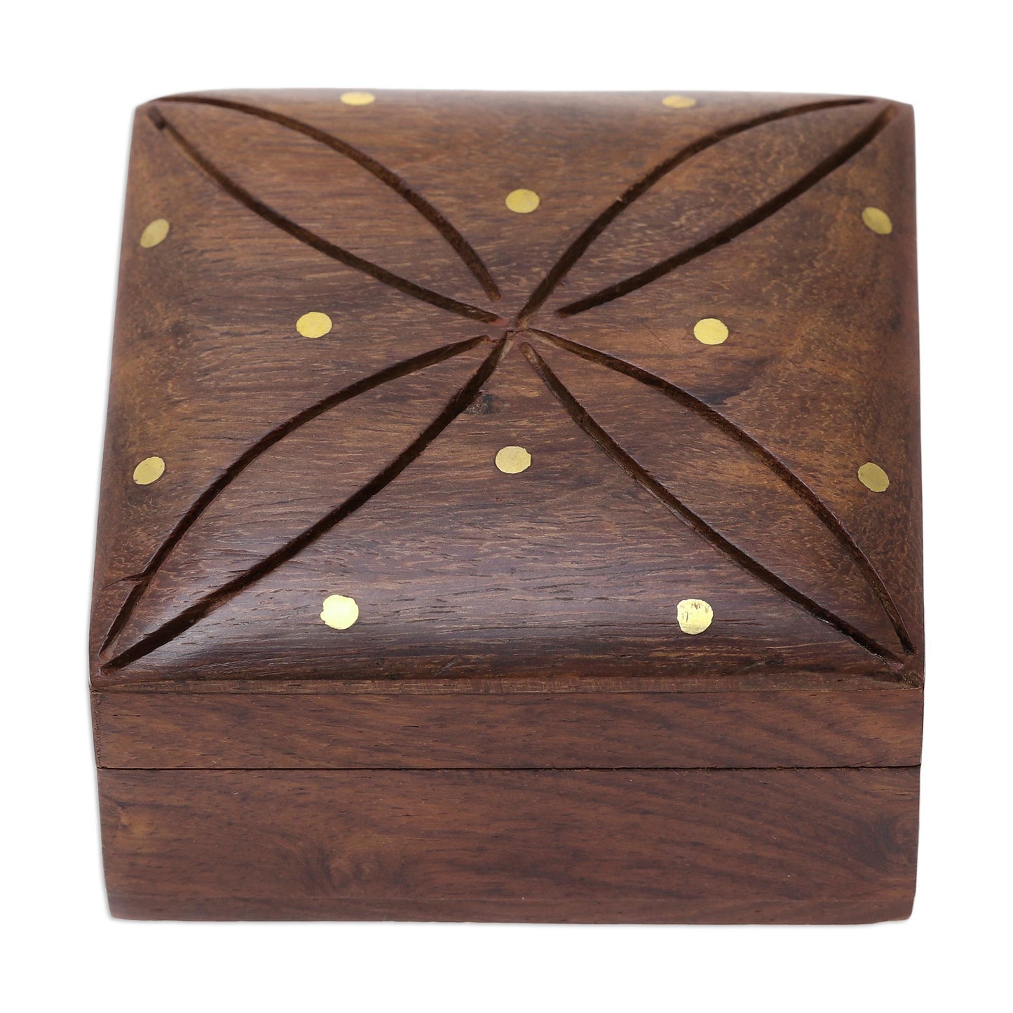 Refined Symmetry Mango Wood with Brass Dot Inlay Decorative Hinged-Lid Box