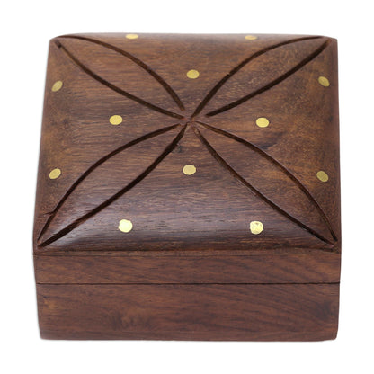 Refined Symmetry Mango Wood with Brass Dot Inlay Decorative Hinged-Lid Box