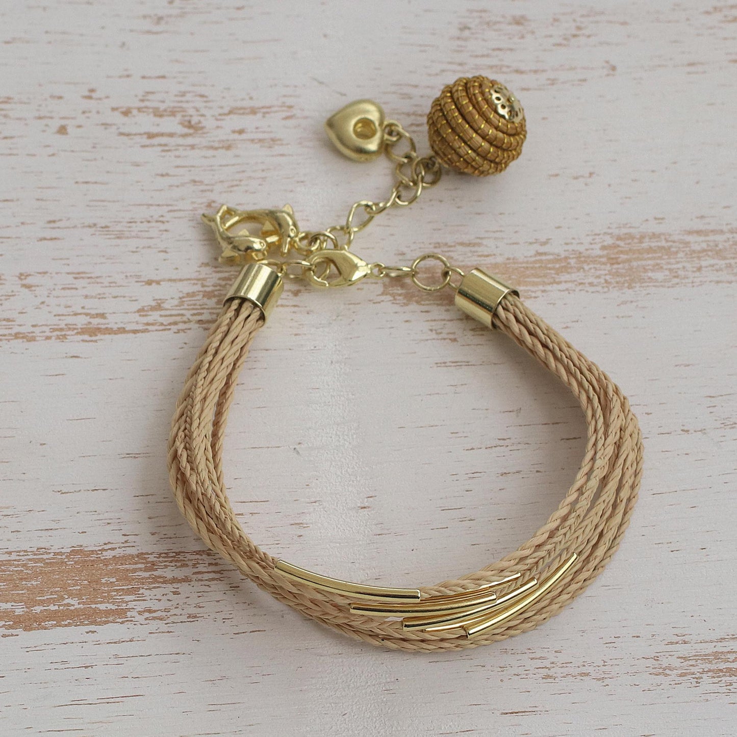 Romantic Dolphins Gold Accent Golden Grass Dolphin Charm Bracelet from Brazil