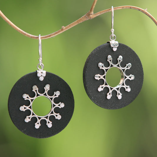 Dark Sun Sterling Silver Lava Stone Dark Sun Black Dangle Earrings