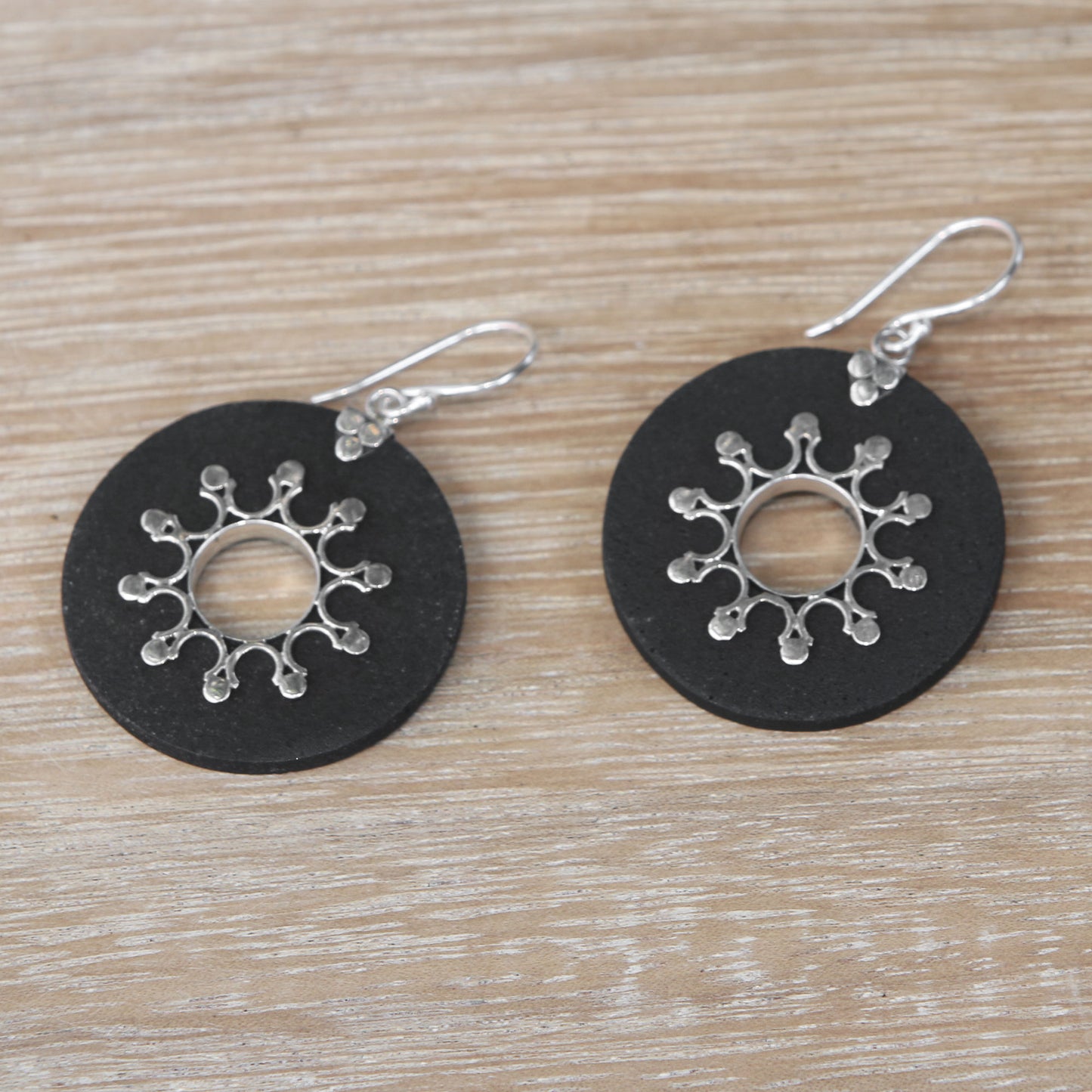 Dark Sun Sterling Silver Lava Stone Dark Sun Black Dangle Earrings