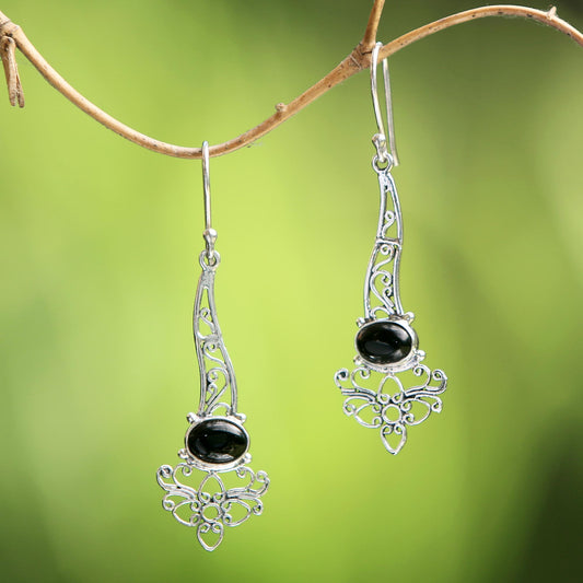 Midnight Garden Breeze Onyx Sterling Silver Floral Motif Scrollwork Dangle Earrings