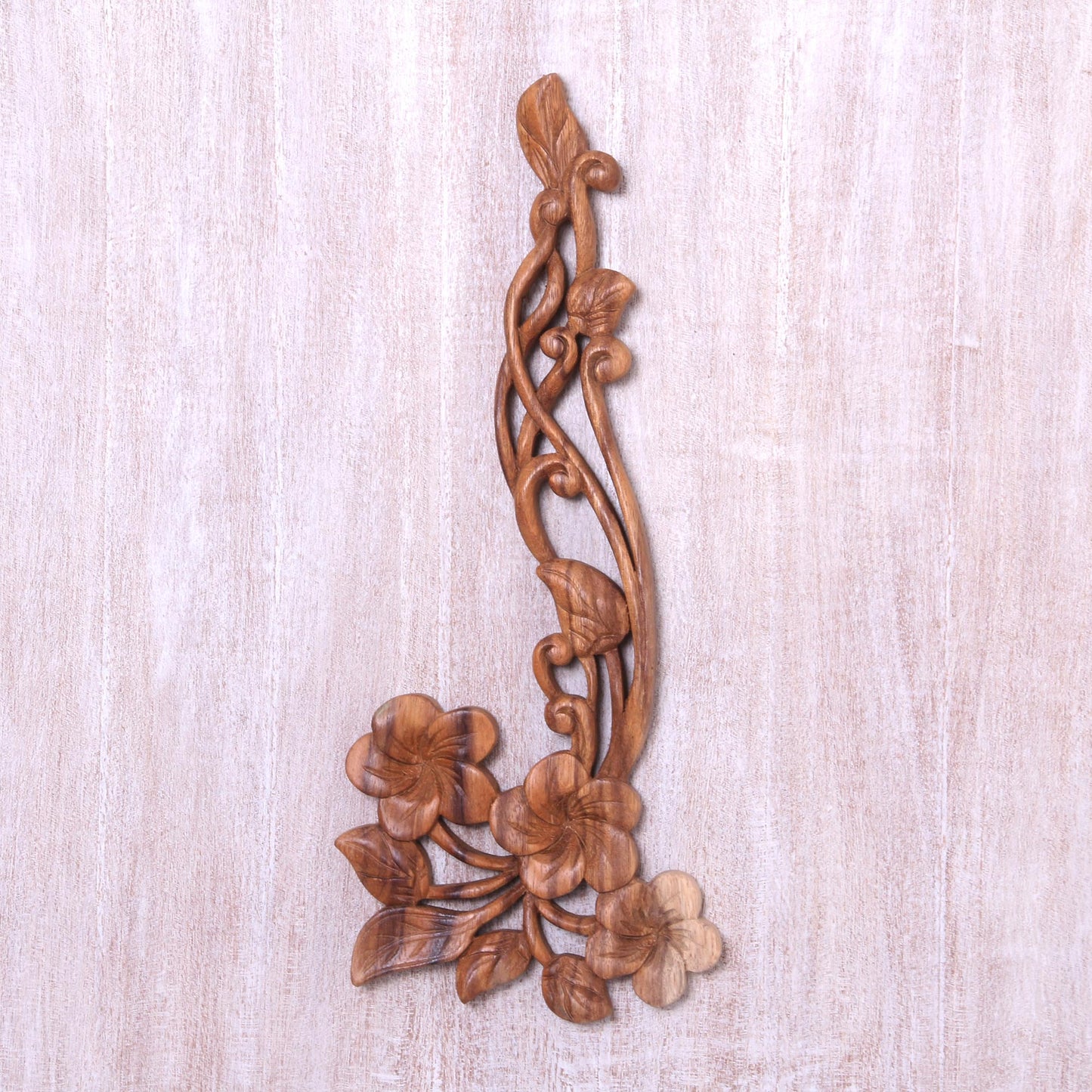 Frangipani Flourish Hand Carved Floral Suar Wood Wall Relief Panel